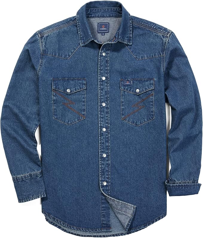 HISEA Men's Denim Shirt Long Sleeve Work Shirt Mens Regular Fit Button Down Shirts Cotton Work Shirts Washed Finish
